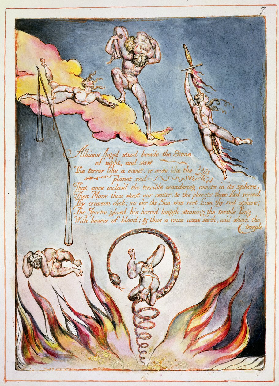 Anjo de Albion estava ao lado, prato 5 de &39;America, a Prophecy&39;, 1793 (gravura em relevo e wc no papel) de William Blake