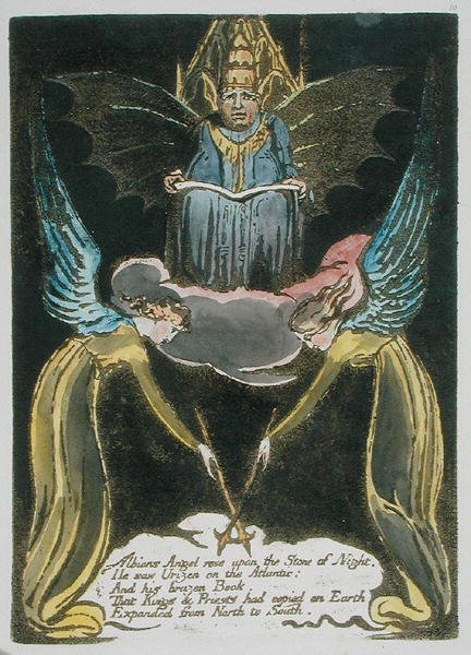Albions Angel rose ..., prato 12 da Europa. A Prohecy, 1794 (gravura em relevo com wc e óleo sobre papel) de William Blake