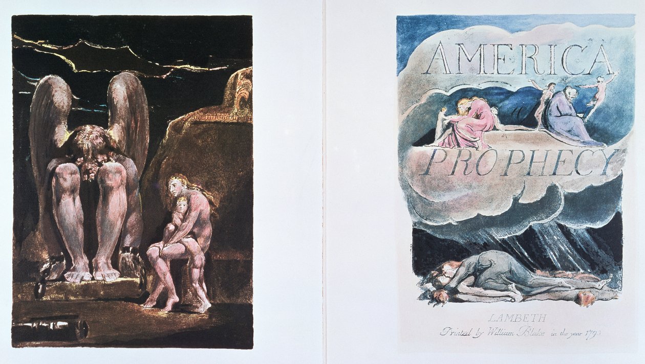 America a Prophecy: frontispício e página de título representando Orc, a encarnação de Energy, 1793 (gravura em relevo com gravura em linha branca e aquarela) de William Blake