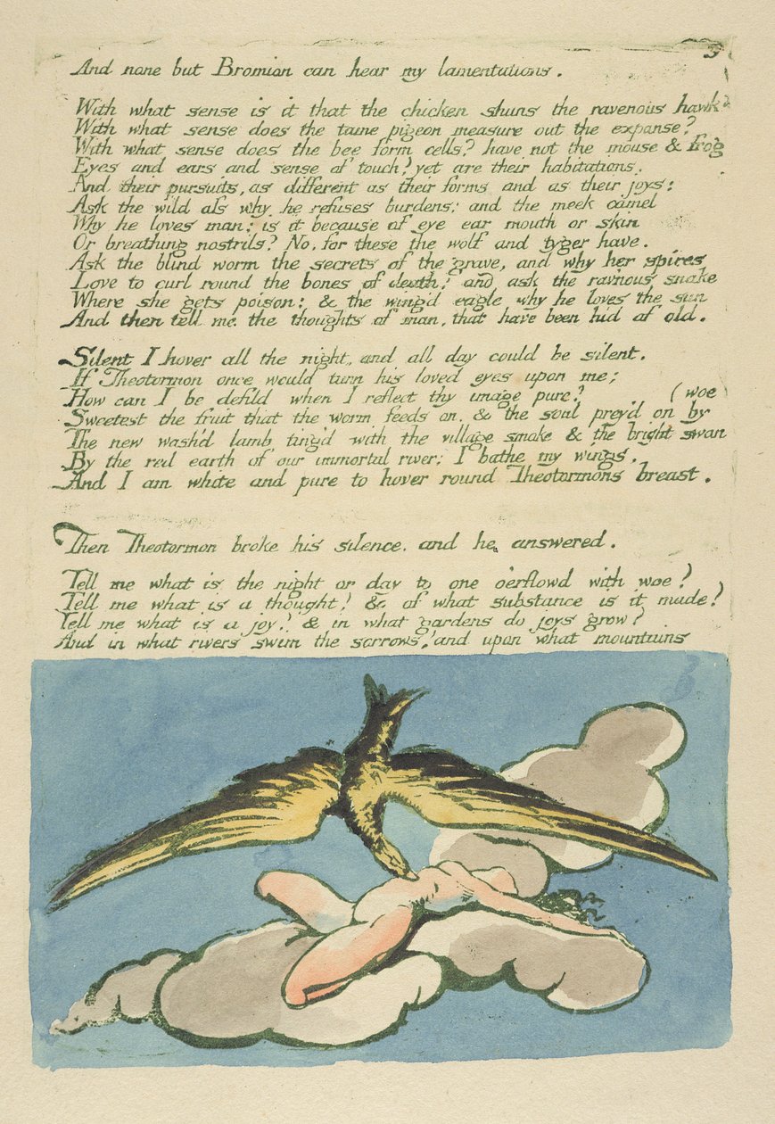 &39;E ninguém além de Bromian pode ouvir ...&39;, prato 6 de &39;Visions of the Daughters of Albion&39;, 1793 (gravura em relevo impressa em verde com wc) de William Blake