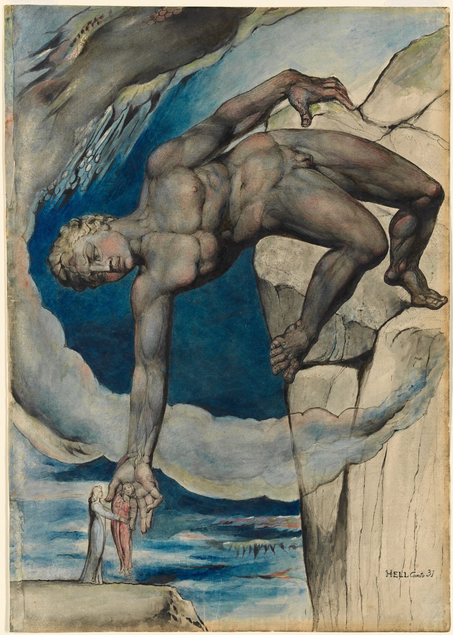 Antaeus estabelece Dante e Virgil no último círculo do inferno de William Blake