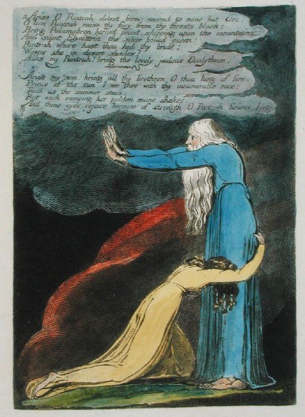 Arise O Rintrah ... prato 9 da Europa. A Prophecy, 1794 (gravura em relevo impressa em castanho escuro com wc e óleo sobre papel) de William Blake