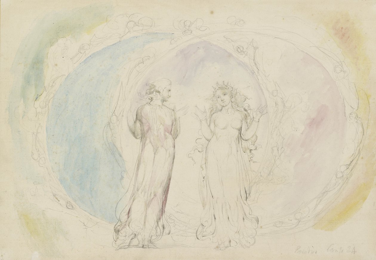 Beatrice e Dante em Gêmeos, no meio de Esferas da Chama, ilustração para a &39;Divina Comédia&39;, Paradiso, 1825-27 (wc com caneta e tinta sobre grafite) de William Blake