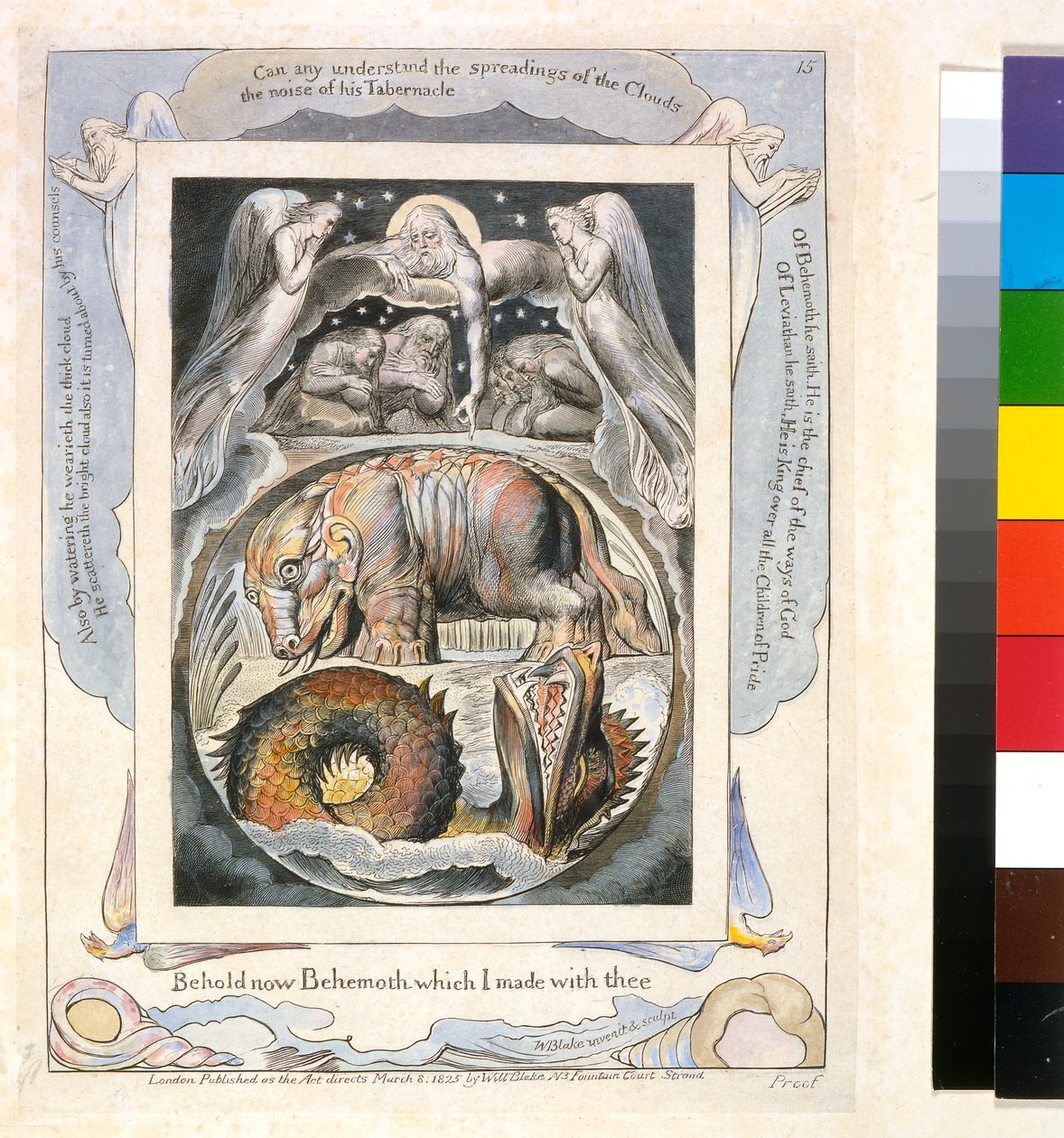 Behemoth e Leviathan do livro de trabalho (pl.15), c.1793 (gravura de linha colorida à mão) de William Blake