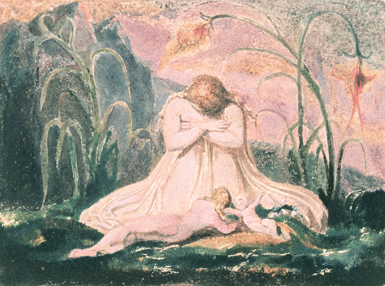 Livro de Thel; Thel inclinando-se sobre a &39;Argila da Matrona&39; e a minhoca, 1789 (gravura em relevo a cores) de William Blake