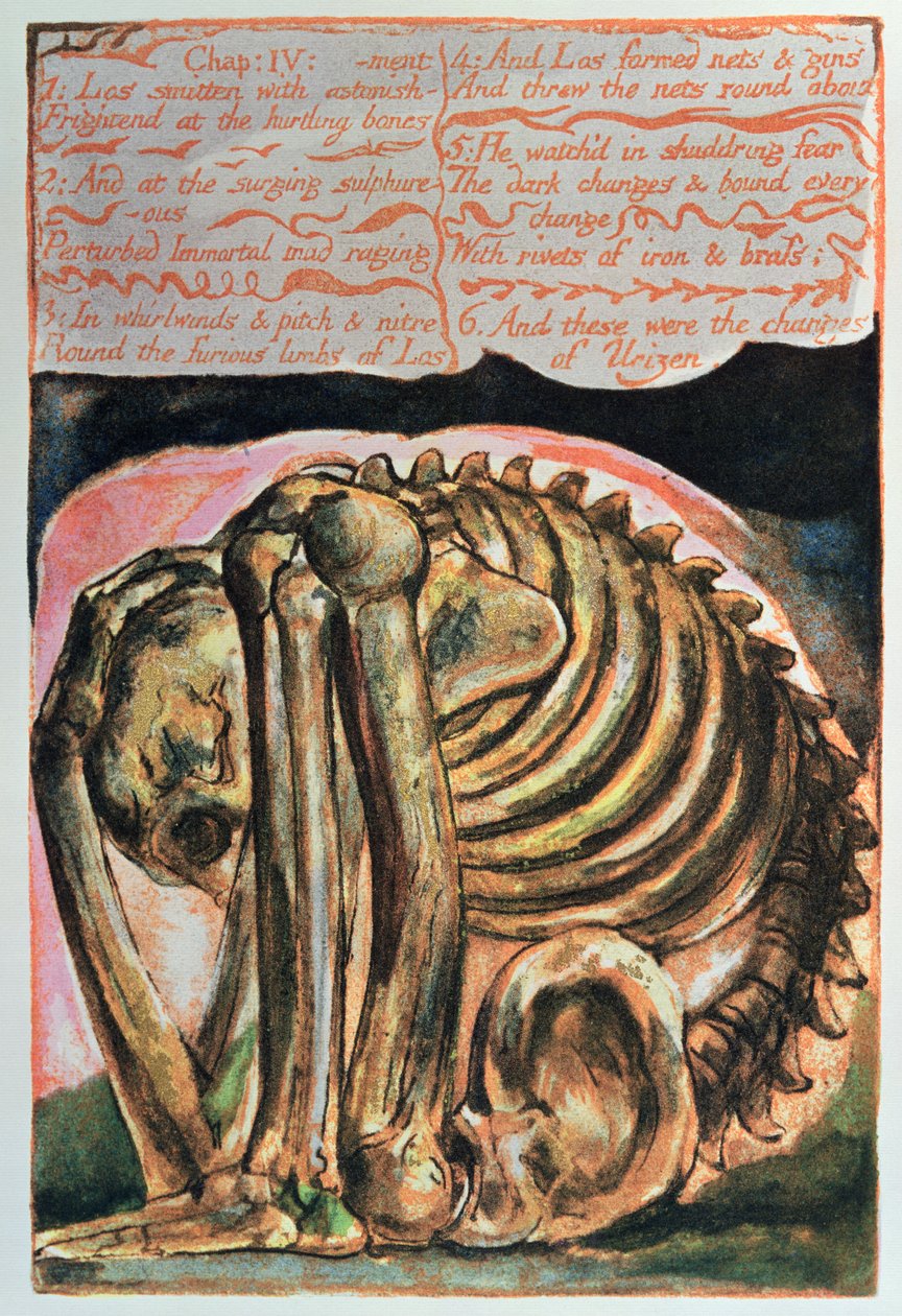 Livro de Urizen; a criação de Urizen em forma material por Los, 1794 (gravado em relevo a cores) de William Blake