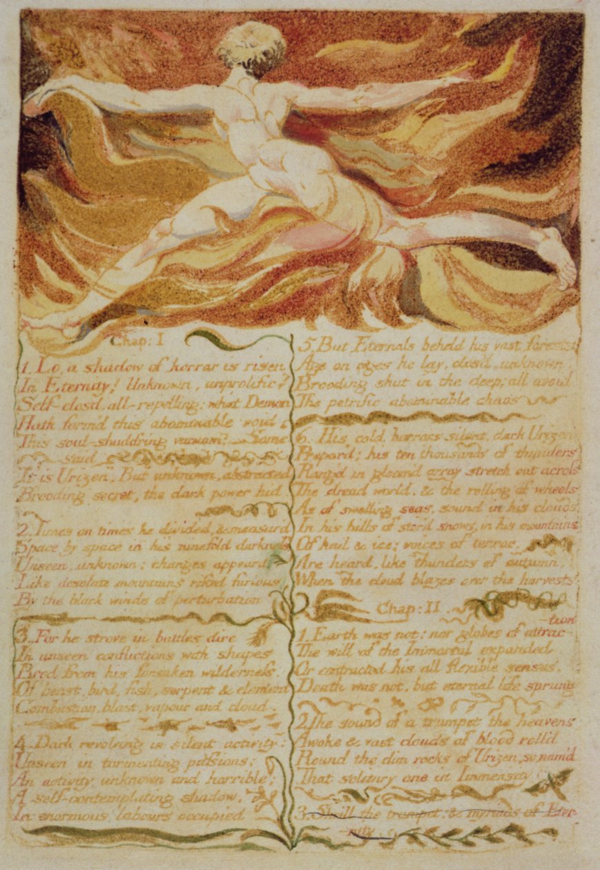 Rachar. Eu, Lo, uma sombra ..., prato 5 de O Primeiro Livro de Urizen, 1794 (gravura em relevo a cores com tinta e wc) de William Blake