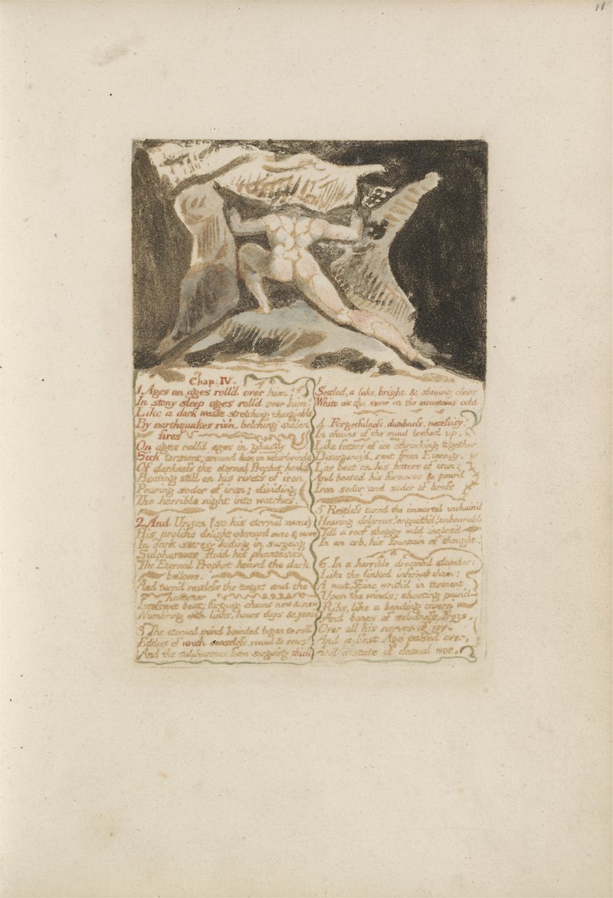 Chap: IV, Idades em eras sobre ele ..., placa 13 do Primeiro Livro de Urizen, 1794 (gravura em relevo a cores com tinta e wc) de William Blake