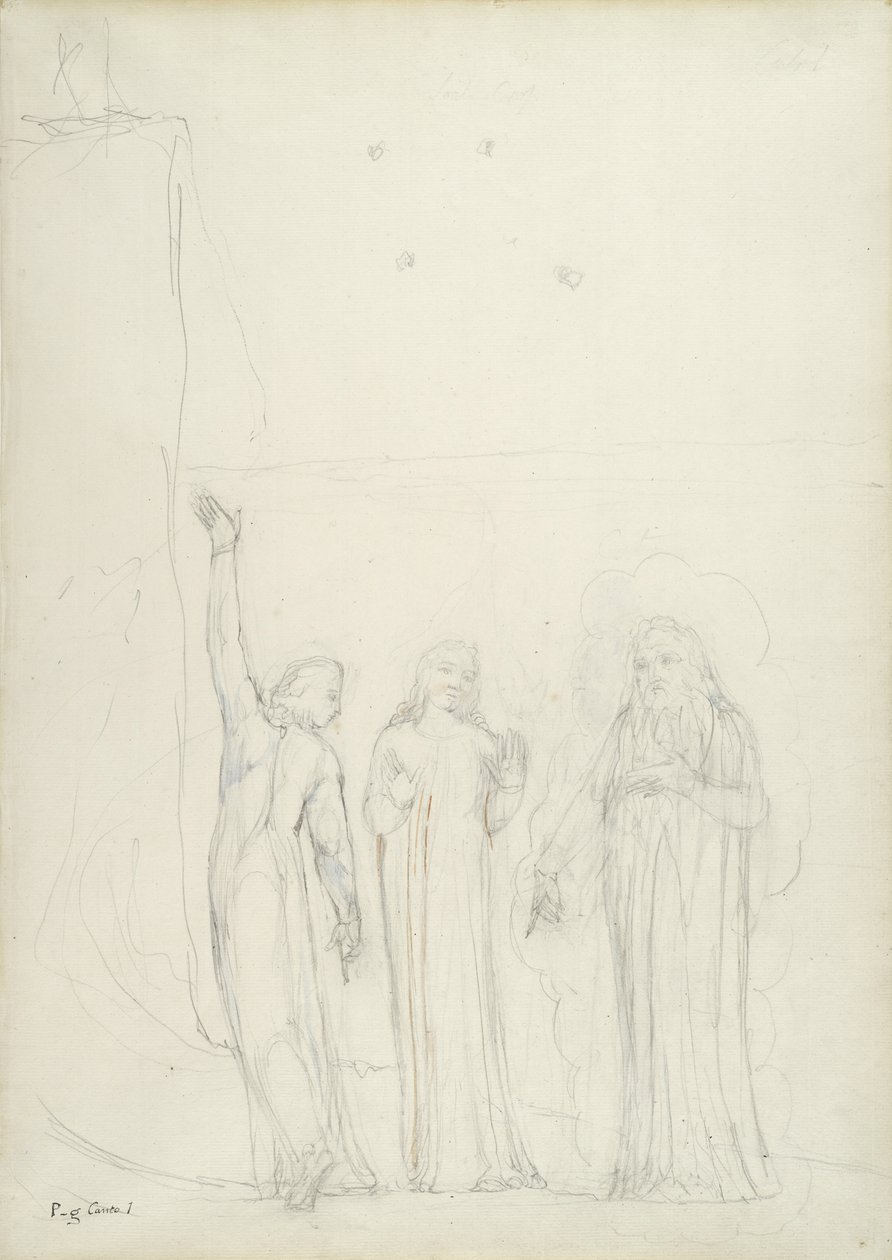 Dante, Virgil e Catão, ilustração à Divina Comédia de Dante Alighieri, 1824-27 (lápis com tinta e wc sobre papel) de William Blake