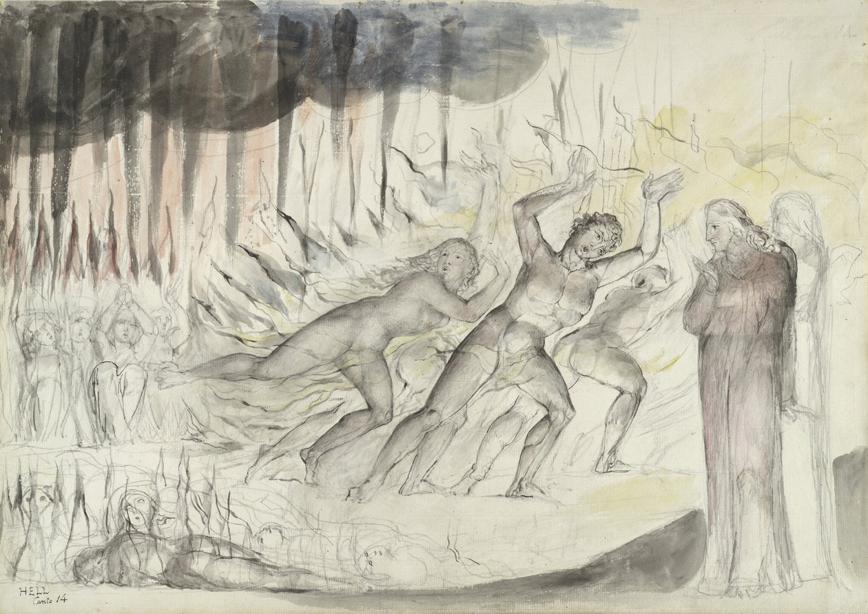 Dante e Virgílio entre os Blasphemers, ilustração para a Divina Comédia de Dante Alighieri, 1824-27 (caneta e tinta com wc sobre lápis e giz sobre papel) de William Blake