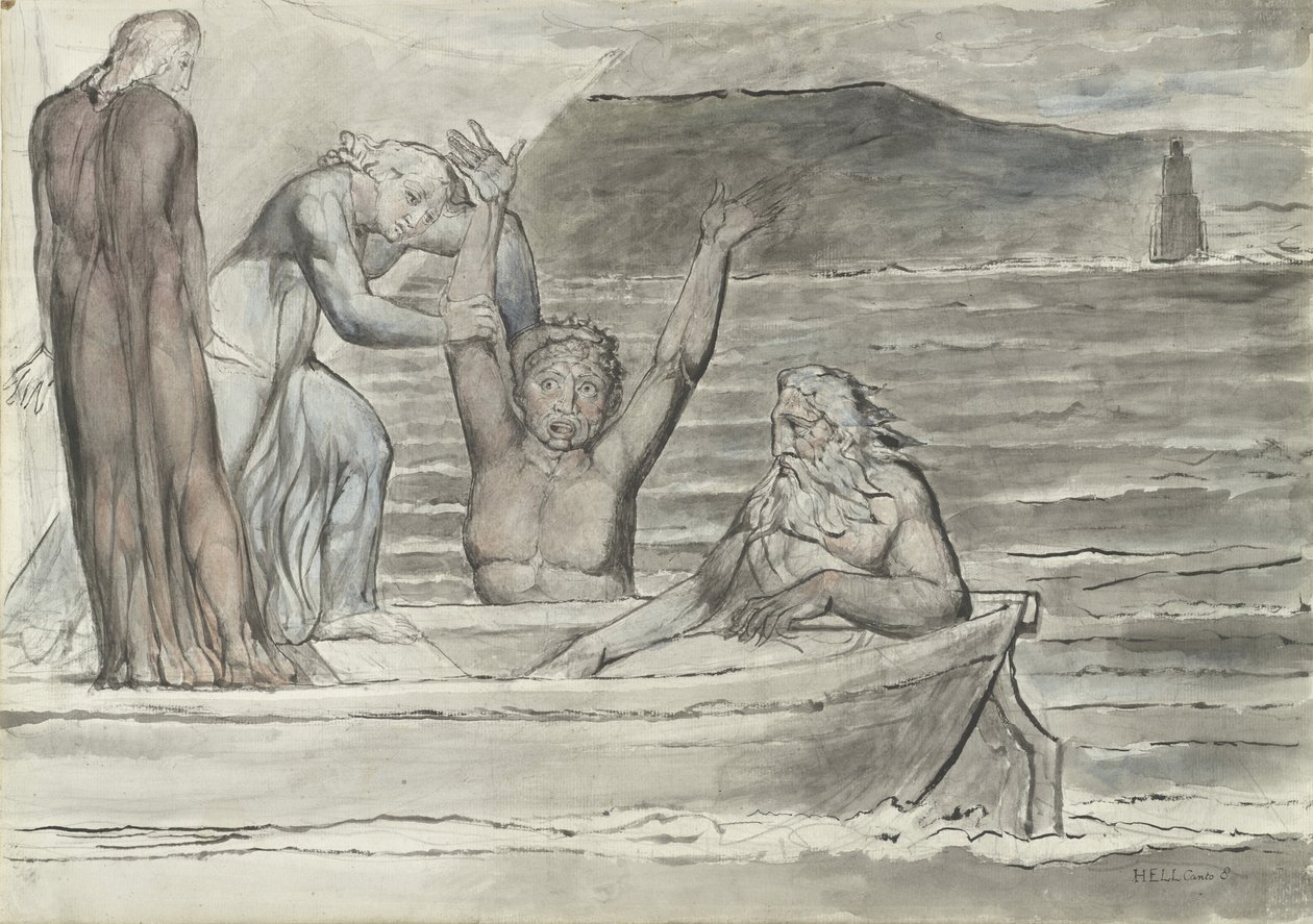 Dante e Virgil no Skiff de Phlegyas são saudados por Filippo Argenti, ilustração para a Divina Comédia de Dante Alighieri, 1824-27 (caneta e tinta com wc sobre lápis e giz sobre papel) de William Blake