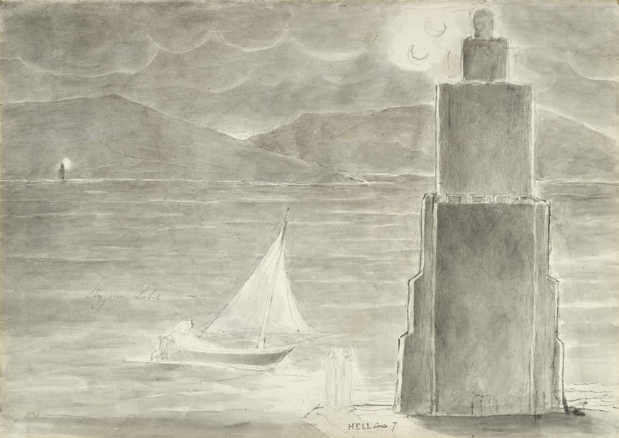 Dante e Virgílio à beira do lago Estígio, ilustração da Divina Comédia de Dante Alighieri, 1824-27 (caneta e tinta com wc, lavar e giz no papel) de William Blake