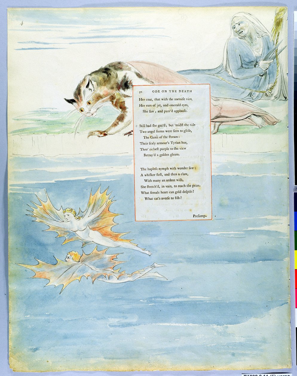 Design 10 para &39;Ode na morte de um gato favorito&39; de &39;The Poems of Thomas Gray&39;, publicado em 1797-98 (wc com caneta e tinta no papel) de William Blake