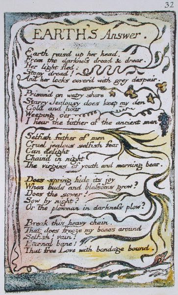 Earths Answer, placa 32 (Bentley 31) de Songs of Innocence e de Experience (Bentley Copy L) 1789-94 (gravura em relevo com caneta e wc) de William Blake