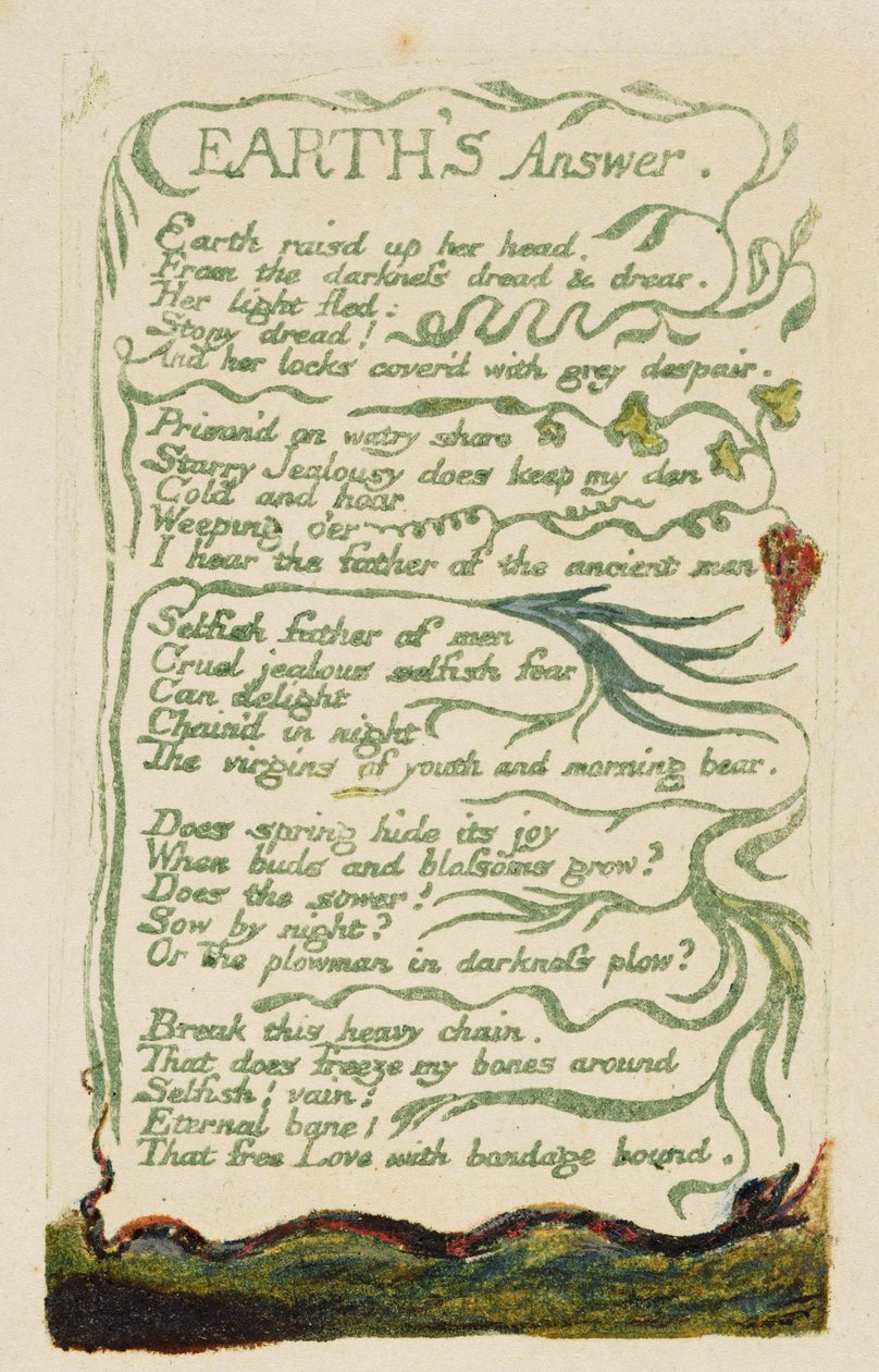 &39;Earth&39;s Answer&39;, placa 34 de &39;Songs of Experience,&39; 1794 (relevo gravado com aquarela) de William Blake