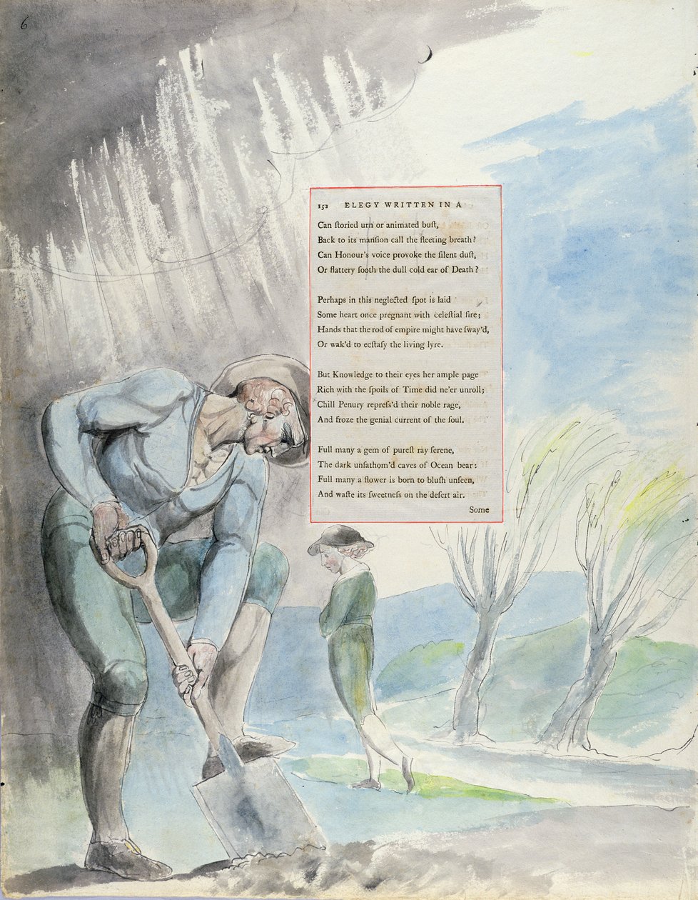 "Elegia escrita em um cemitério de Counrty", desenho 110 de "Os poemas de Thomas Gray", 1797-1798 (wc com caneta e tinta no papel) de William Blake