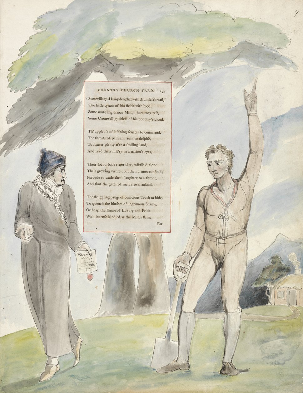 Elegia escrito em um cemitério de um país, desenho 111 de Os Poemas de Thomas Gray, 1797-98 (wc com caneta e tinta no papel) de William Blake