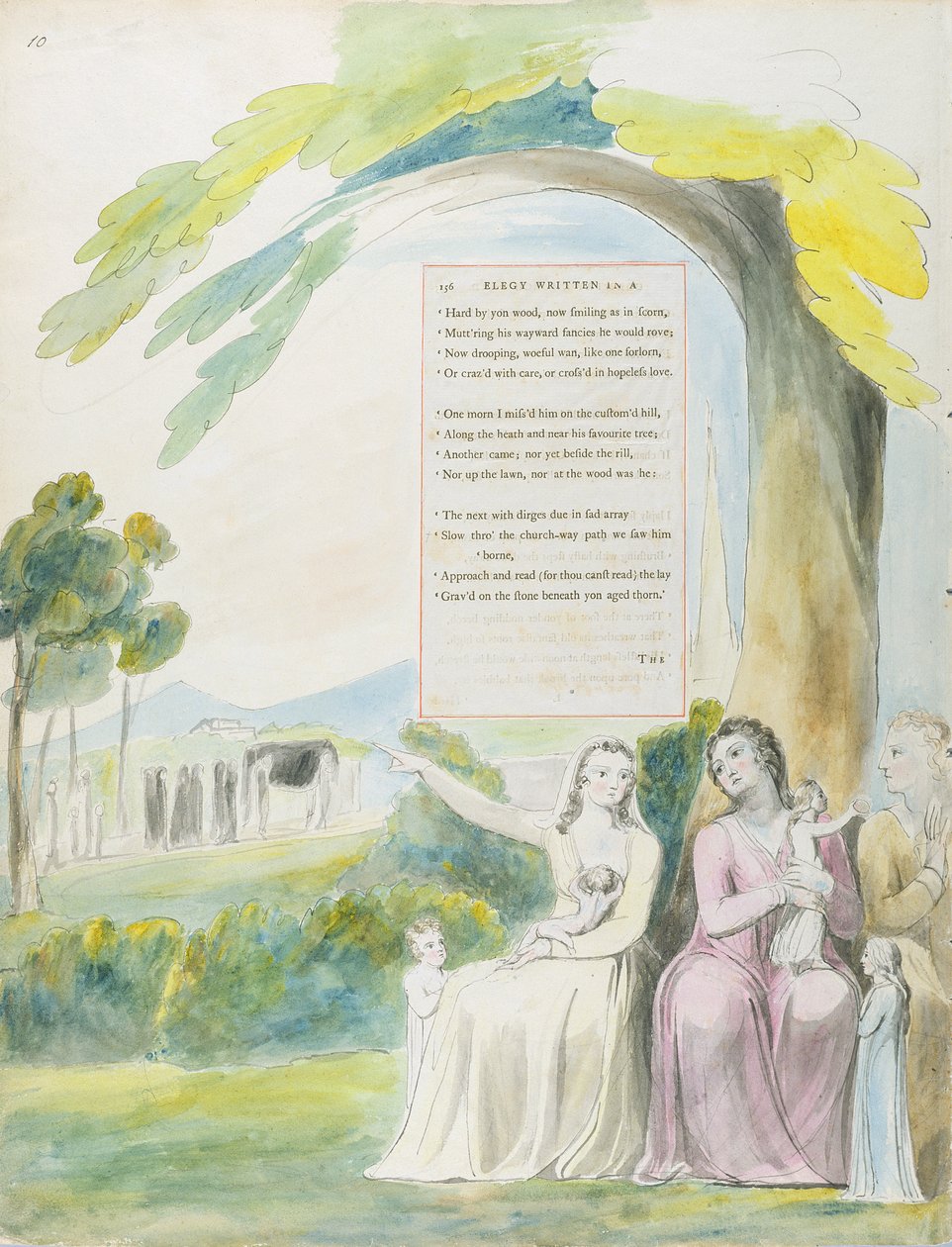 "Elegia escrita em uma jarda de igreja do país", desenho 114 de "Os poemas de Thomas Gray", 1797-98 (wc com caneta e tinta no papel) de William Blake