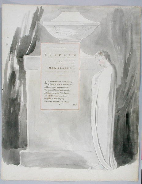 Epitáfio sobre a Sra. Clarke, desenho 103 de Os Poemas de Thomas Gray, 1797-98 (wc com caneta e tinta no papel) de William Blake
