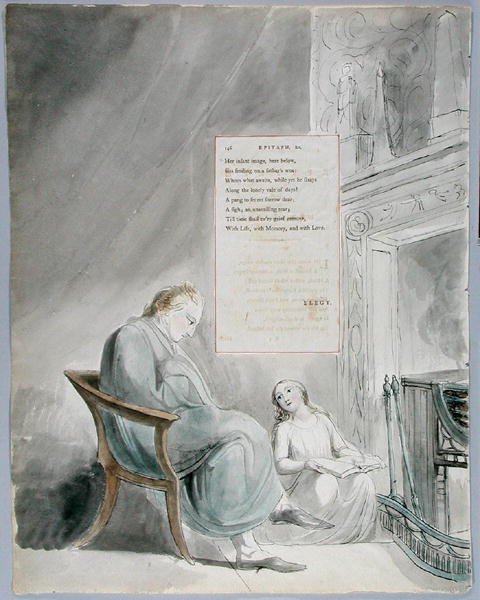 Epitáfio da Sra. Clarke, desenho 104 de Os Poemas de Thomas Gray, 1797-98 (wc com caneta e tinta no papel) de William Blake