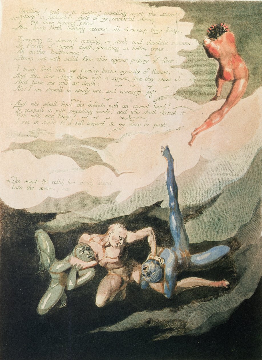 Europa, uma Profecia &39;Não disponível, eu olho para cima&39;, 1794 (gravura em relevo com gravura em linha branca e wc) de William Blake