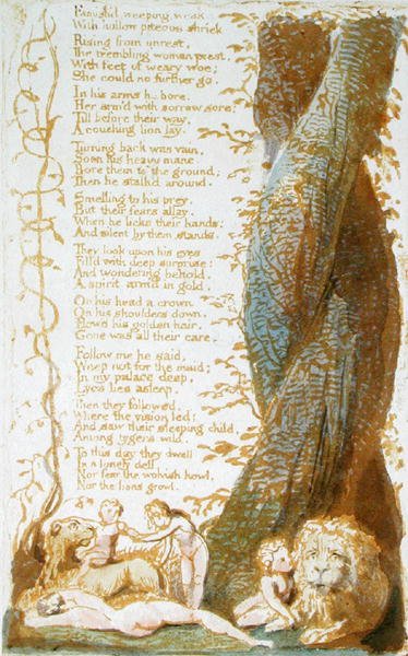 Famishd, Weeping, Weak ..., prato 7 de Songs of Innocence, 1789 (gravura em relevo com wc no papel) de William Blake