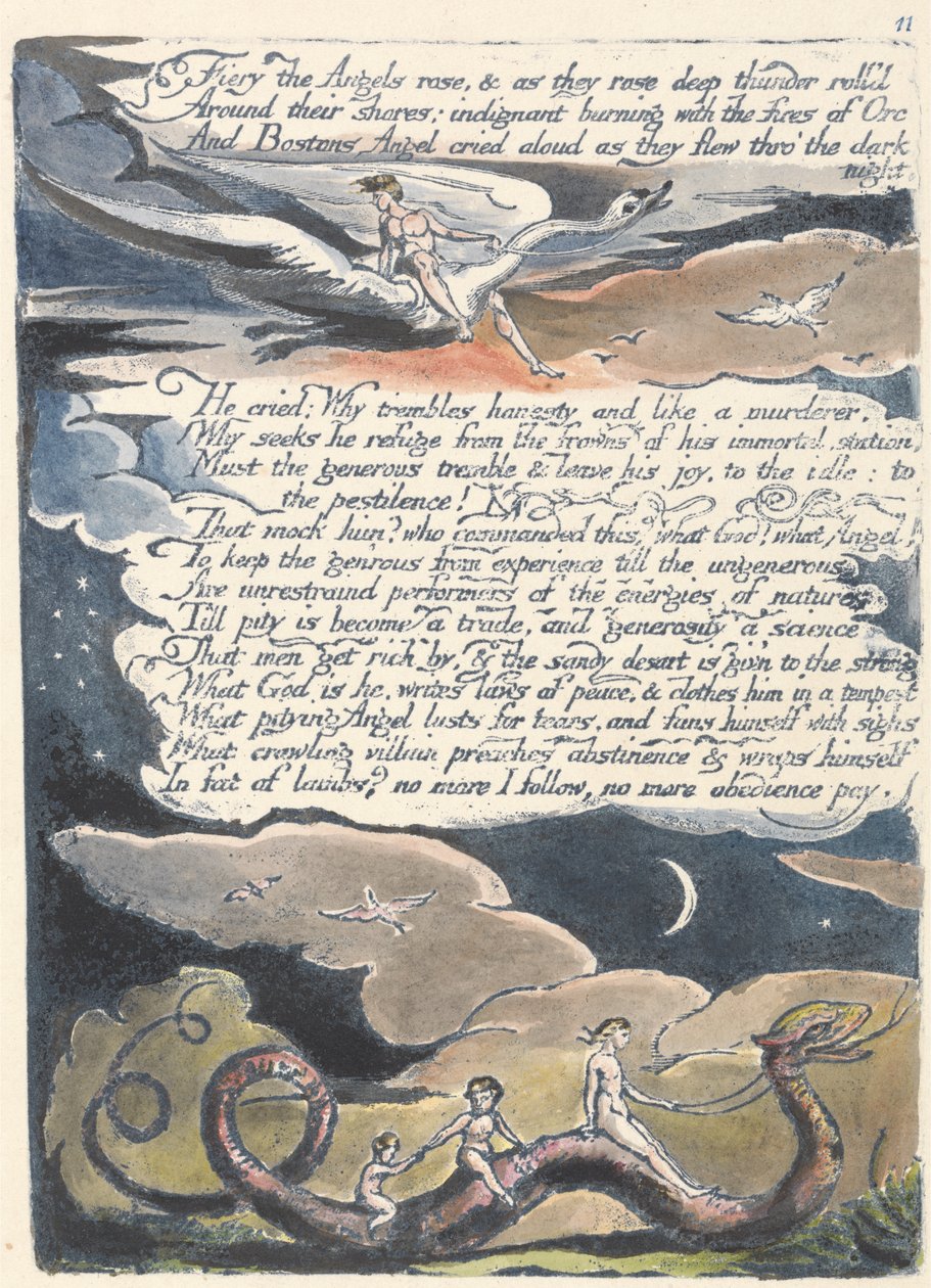 Fiery Angels subiu ..., prato 13 da America: A Prophecy, 1793 (gravura em relevo impressa em azul com caneta e tinta e wc) de William Blake