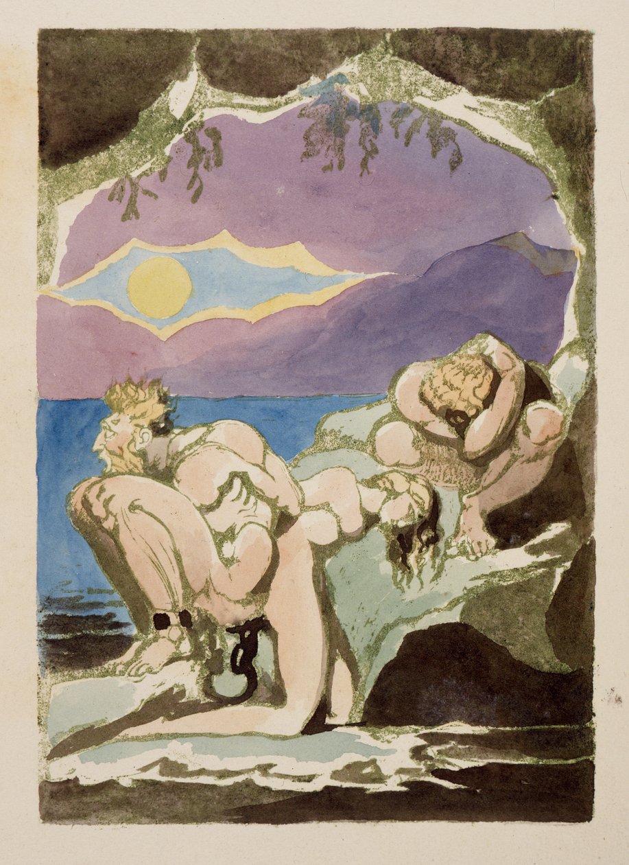 Figuras nas rochas, acima delas, um sol aparece em um intervalo de nuvens pesadas, de Visões das Filhas de Albion, 1793 (gravura em relevo com wc) de William Blake