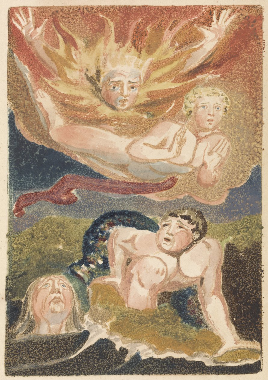 Quatro homens nus emergindo de seus elementos: chamas, céu, mar e terra verde, placa 22 do Primeiro Livro de Urizen, 1794 (relevo gravura com wc) de William Blake