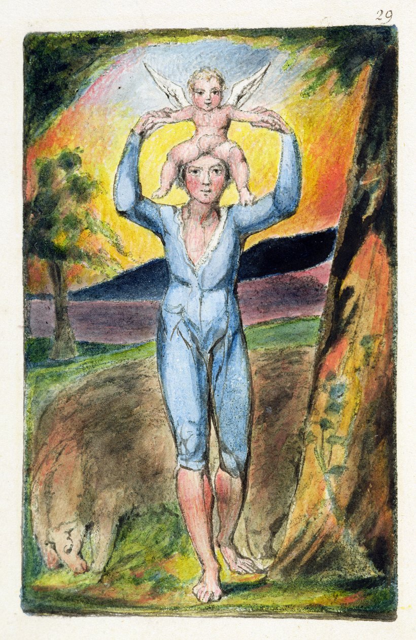 Frontispício de &39;Canções da Inocência e da Experiência&39; (Bentley Copy L) pl.29 (Bentley 28) 1789-94 (gravura em relevo com caneta e wc no papel) de William Blake