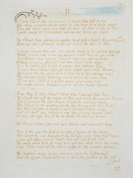 II O Little Cloud ..., prato 5 de O Livro de Thel, 1789 (relevo colorido à mão gravura com caneta e wc no papel) de William Blake