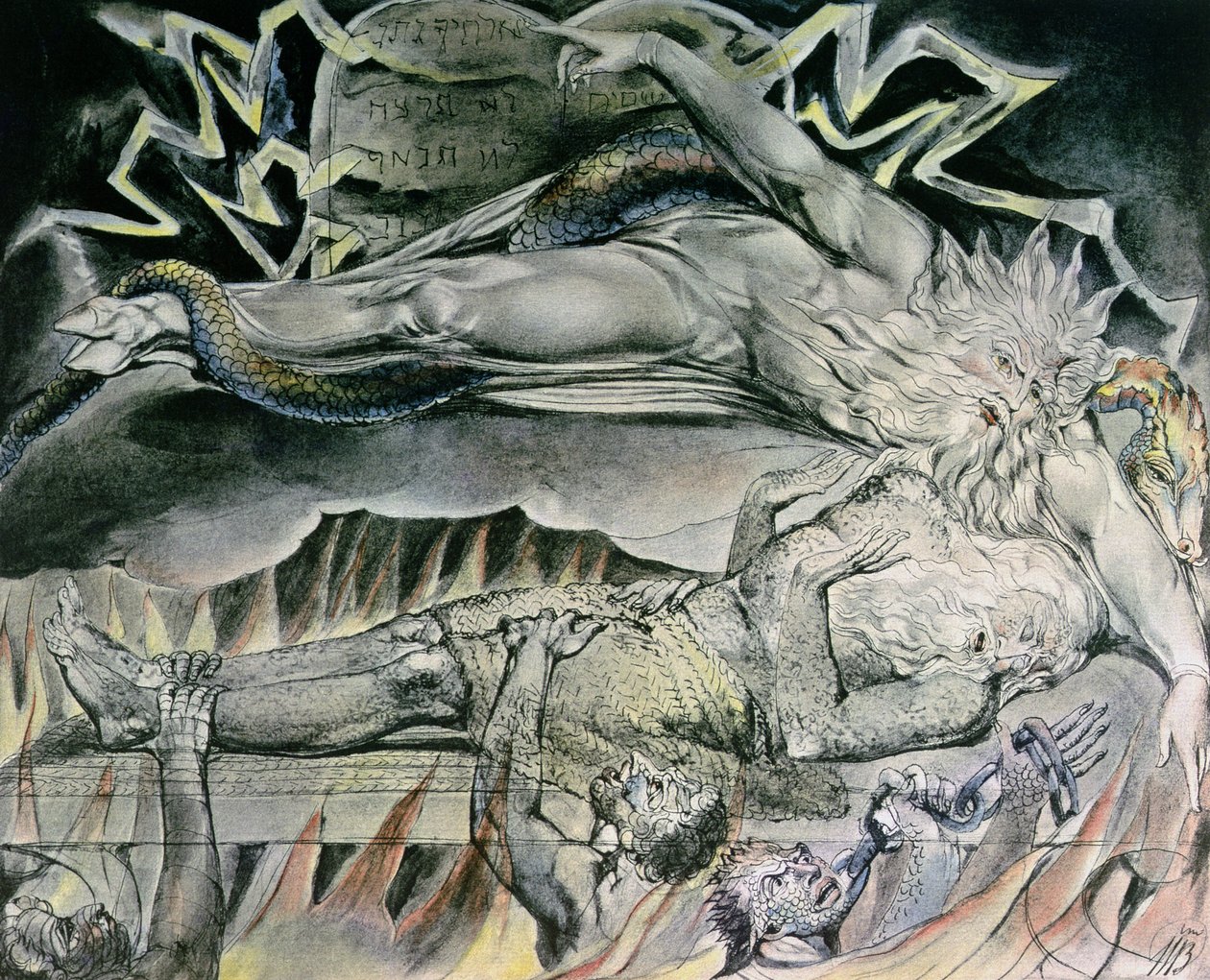 Ilustrações do Livro de Jó; Os Sonhos Maus de Jó, mostrando o Deus de Jó, que se tornou Satanás com cascos fendidos e entrelaçados por uma serpente, apontando para as Tábuas Mosaicas da Lei, 1825 (caneta, wc sobre de William Blake