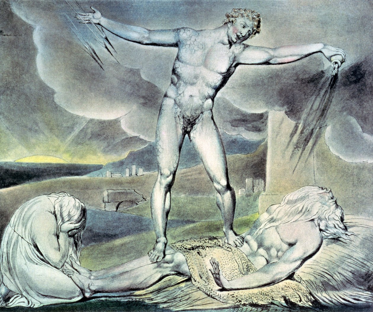 Ilustrações do Livro de Jó; Satanás ferindo Jó com ferida ferida, 1825 (caneta, wc e lápis) de William Blake