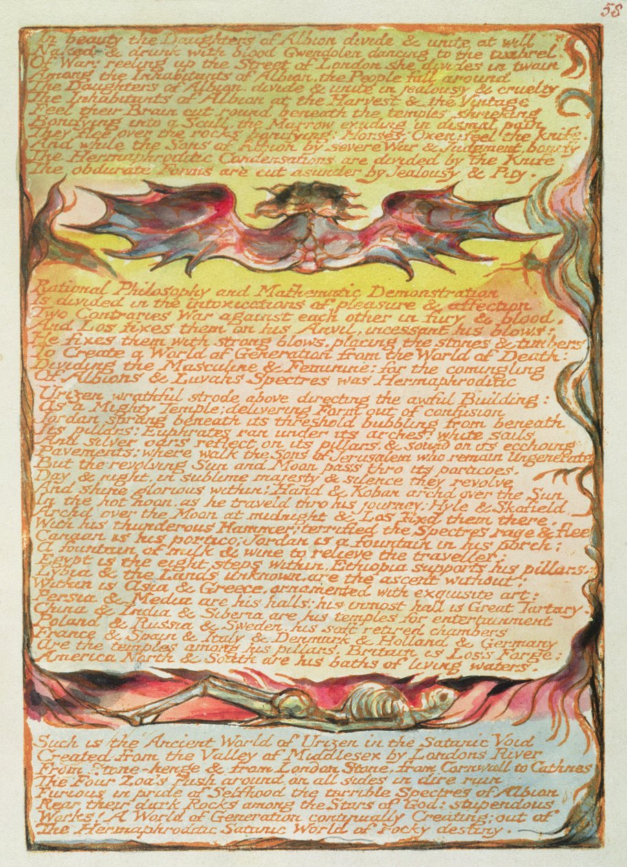 &39;Em Beleza as Filhas de Albion ...&39;, placa 58 de &39;Jerusalem&39;, 1804-20 (gravura em relevo impressa em laranja com caneta e aquarela) de William Blake