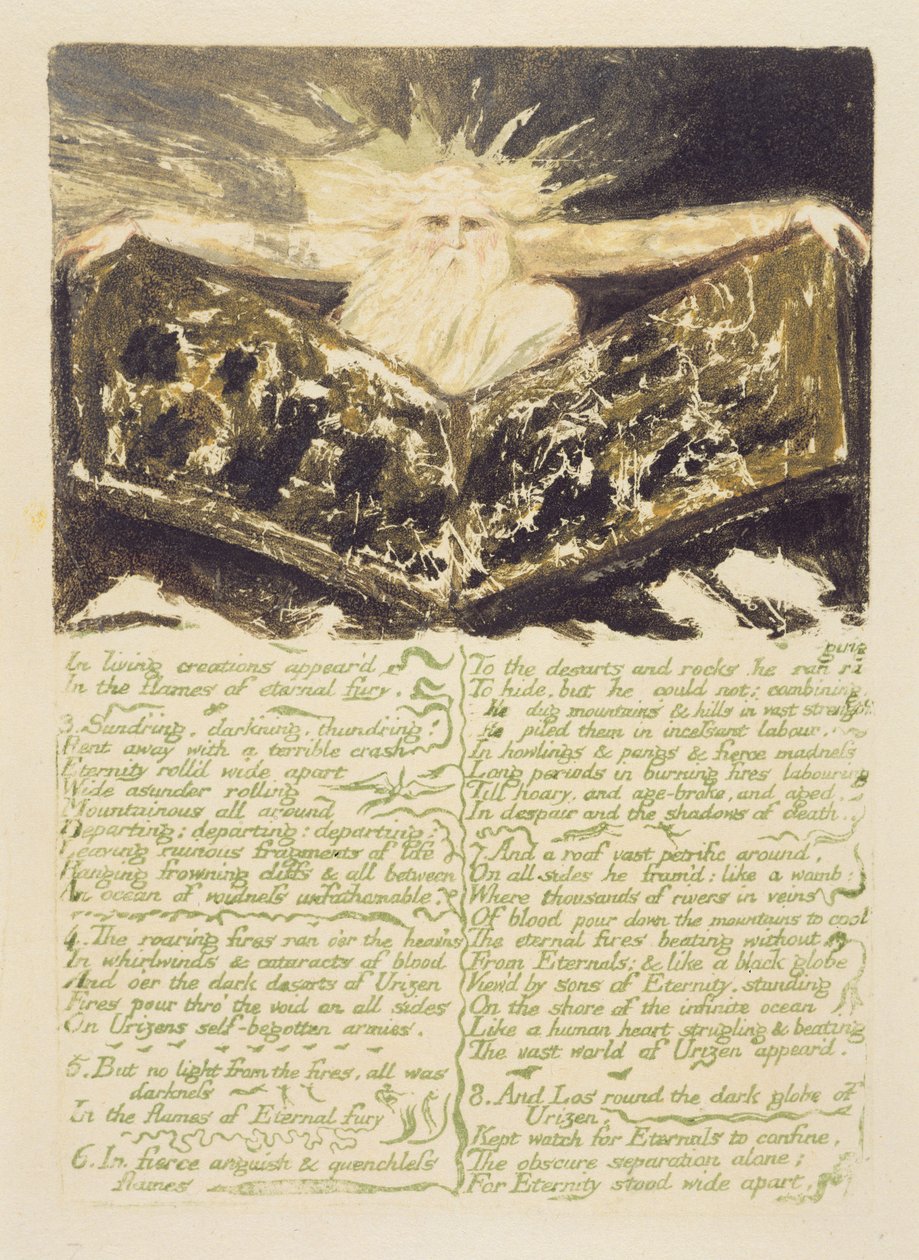 "Nas criações vivas aparecem ...", prato 6 de "O Primeiro Livro de Urizen", de 1794 (cor impressa em relevo gravado com wc) de William Blake