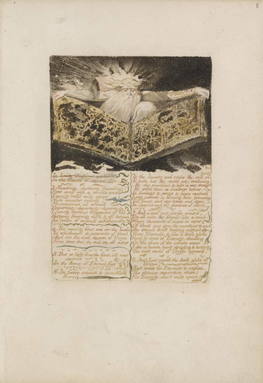 Nas criações vivas aparecem ..., prato 8 do Primeiro Livro de Urizen, 1794 (gravura em relevo a cores com tinta e wc) de William Blake