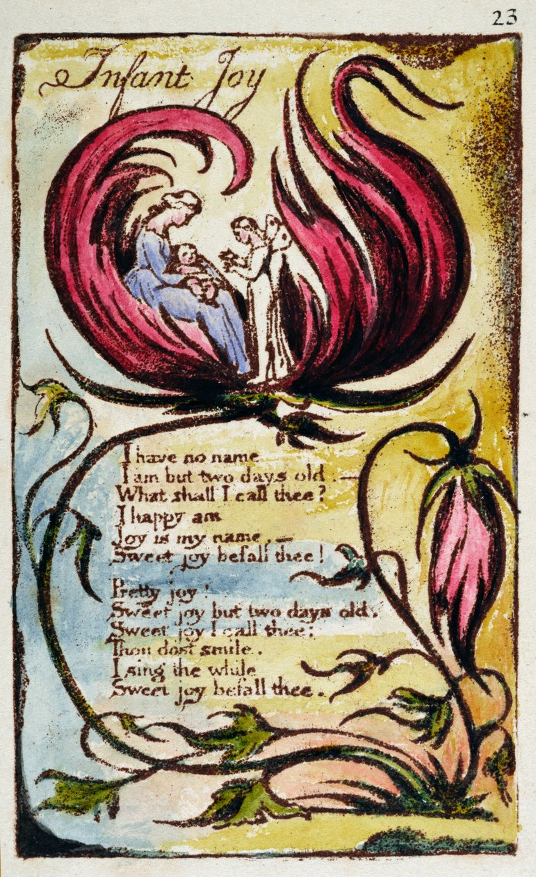 &39;Alegria infantil&39;, placa 23 de &39;Songs of Innocence e de Experience [Bentley 25] c.1789-94 (gravura em relevo impressa em marrom escuro com caneta e tinta e wc) de William Blake
