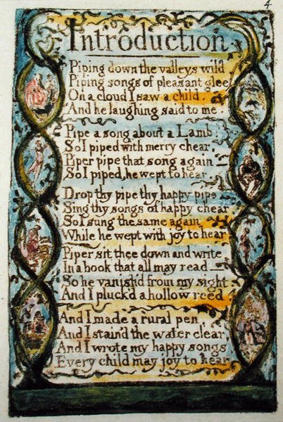 Introdução, prato 4 (Bentley 4) de Songs of Innocence e de Experience (Bentley Copy L) 1789-94 (gravura em relevo com caneta e wc) de William Blake