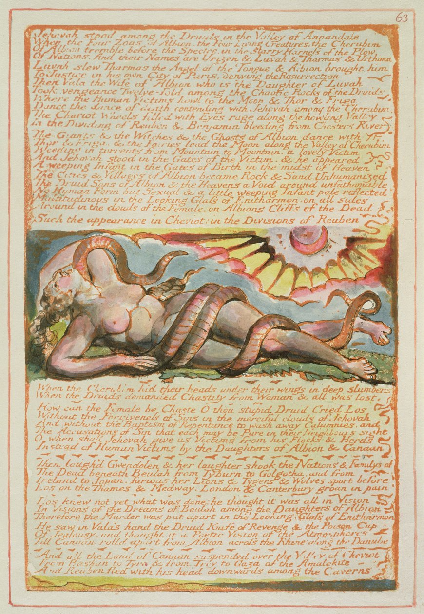 &39;Jeová estava entre os druidas ...&39;, placa 63 de &39;Jerusalém&39;, 1804-20 (gravura em relevo impressa em laranja com caneta, wc e ouro) de William Blake