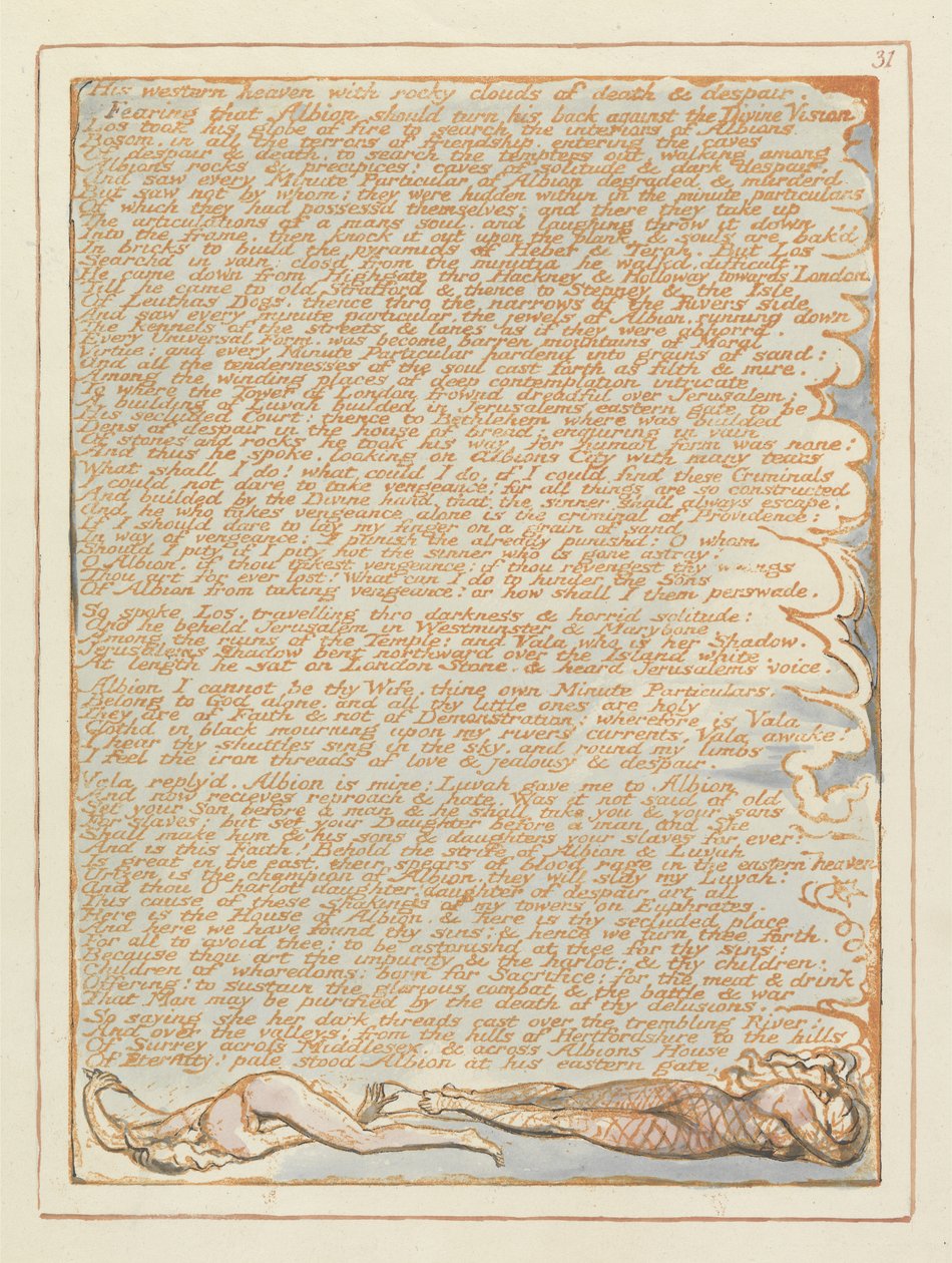 Jerusalém Seu Paraíso Ocidental ..., pl. 31, de Jerusalém a Emanação do Gigante Albion por William Blake (1757-1827), 1804-1820 (gravura em relevo com caneta e wc no papel) de William Blake