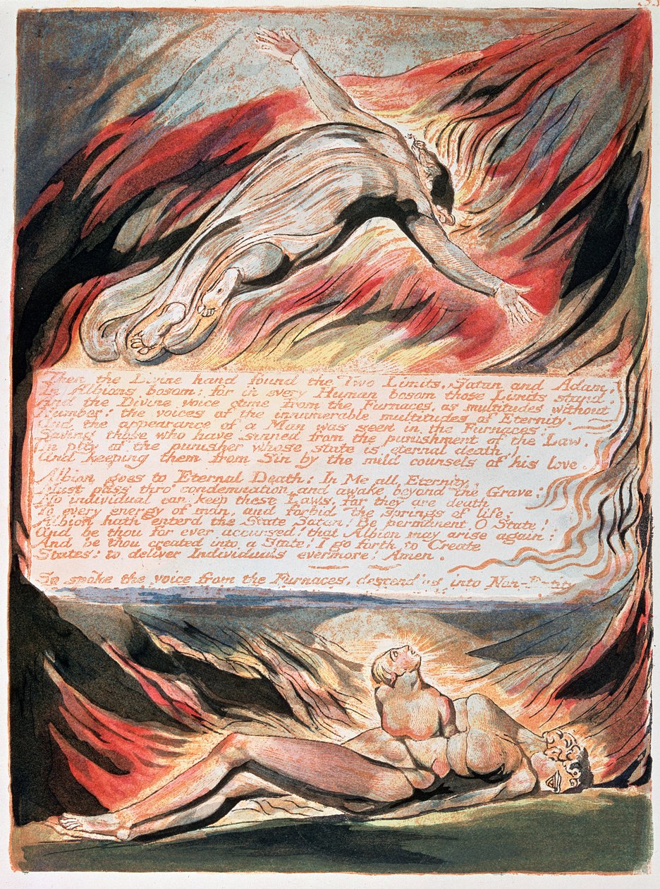 Jerusalém A emanação do gigante Albion; Então a Mão Divina mostrando Cristo subindo acima de Albion, dentro de cujo seio a mão Divina encontrou os Dois Limites, Satanás e Adão, 1804 (gravura em relevo) de William Blake