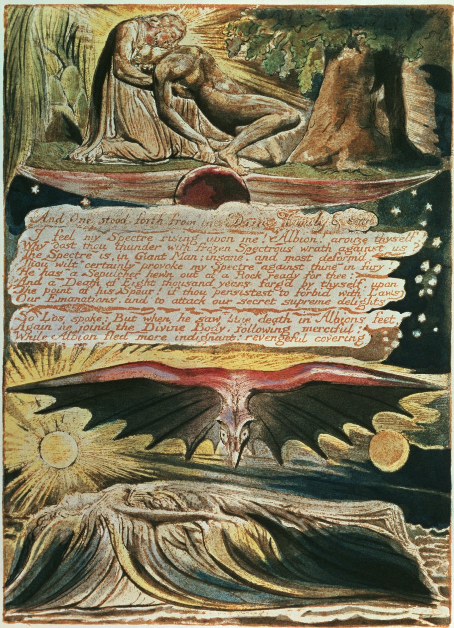 Jerusalém A emanação do gigante Albion: E um ficou de pé, de cima a baixo, Los apoiado por Cristo; Enterro de Albion no Supulcher, 1804 (gravura em relevo, gravura em linha branca, wc) de William Blake