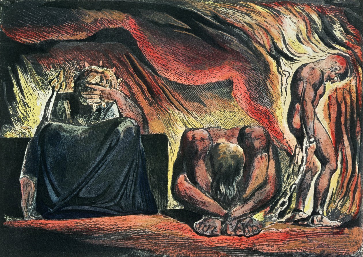 Jerusalém A emanação do gigante Albion; Vala, Hyle e Skofeld, mostrando a coroada Vala (a Jerusalém caída), agachados em desespero com dois de seus acólitos: Hyle (representando William H de William Blake