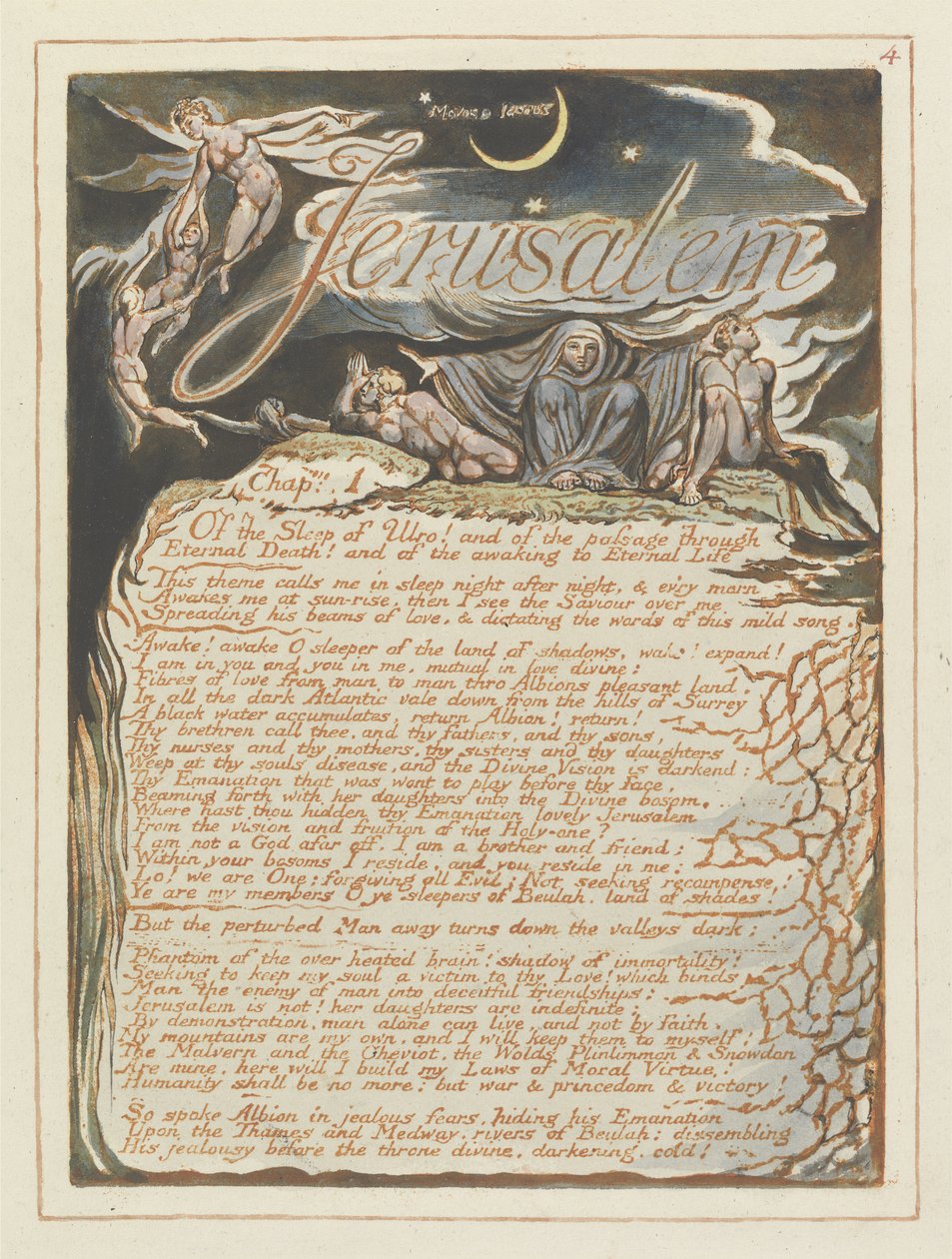 Jerusalém, placa 4 de Jerusalém, 1804-20 (gravura em relevo impressa em laranja com caneta e wc) de William Blake