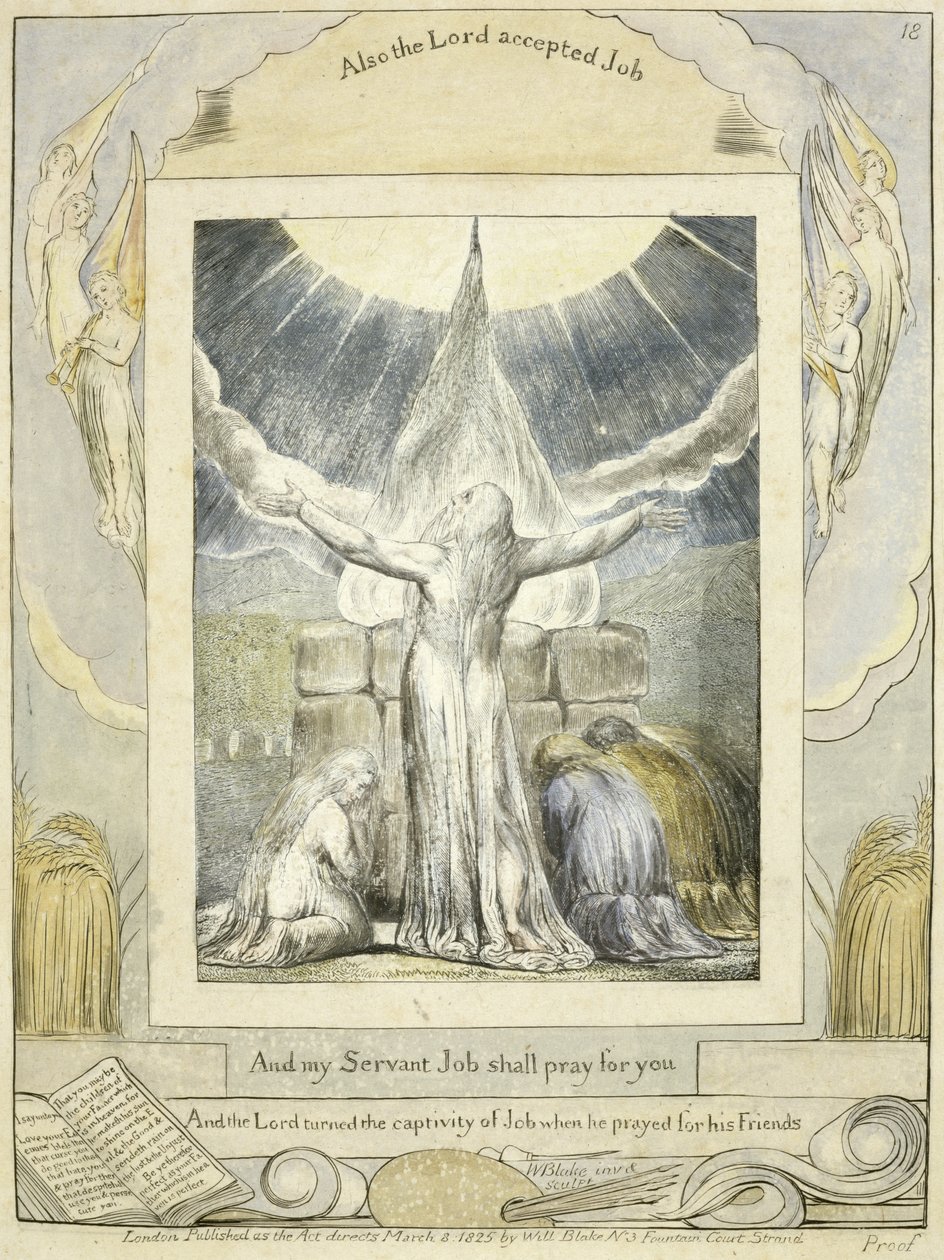 Jó orando (pl.18) do Livro de Jó, c.1793 (gravura de linhas coloridas à mão) de William Blake