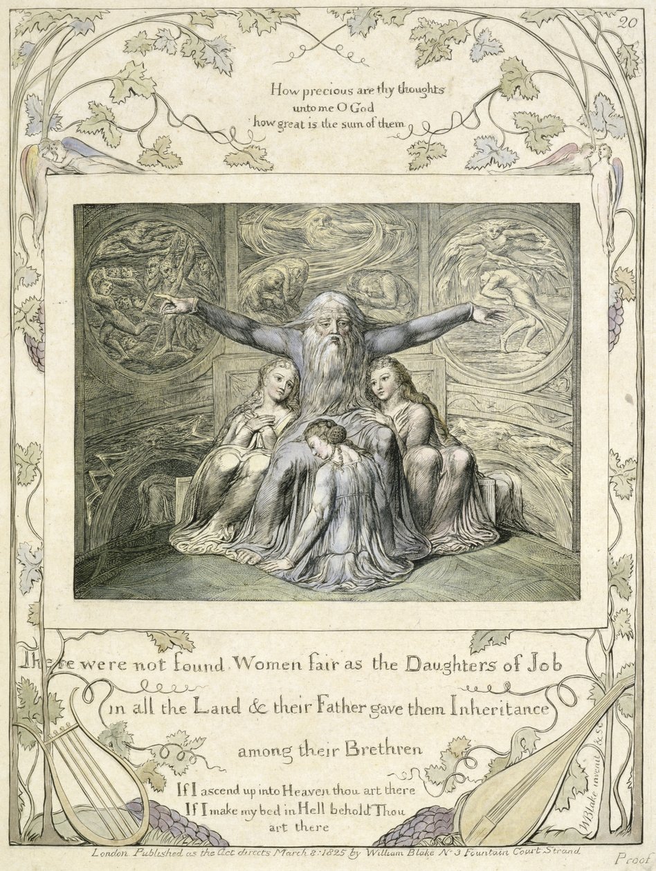 Jó e suas filhas (v.20), do Livro de Jó, c.1793 (gravura de linhas coloridas à mão) de William Blake