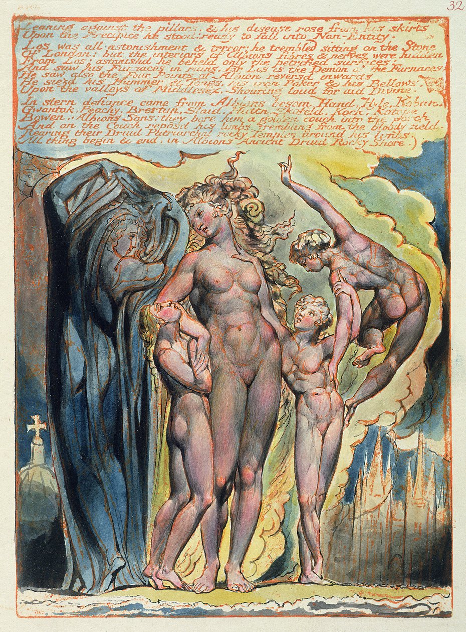 "Encostado aos Pilares ...", placa 32 de "Jerusalém", 1804-20 (gravura em relevo impressa em laranja com caneta e wc sobre papel) de William Blake