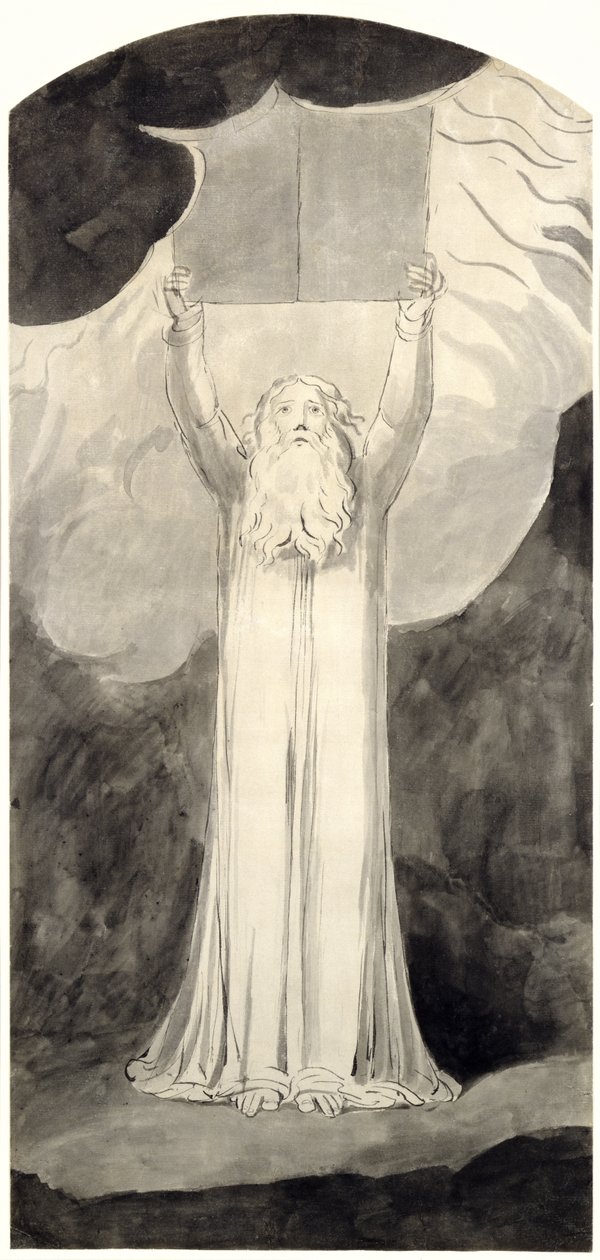 Moisés Recebendo a Lei, c.1780 (pincel e tinta preta sobre grafite sobre papel) de William Blake