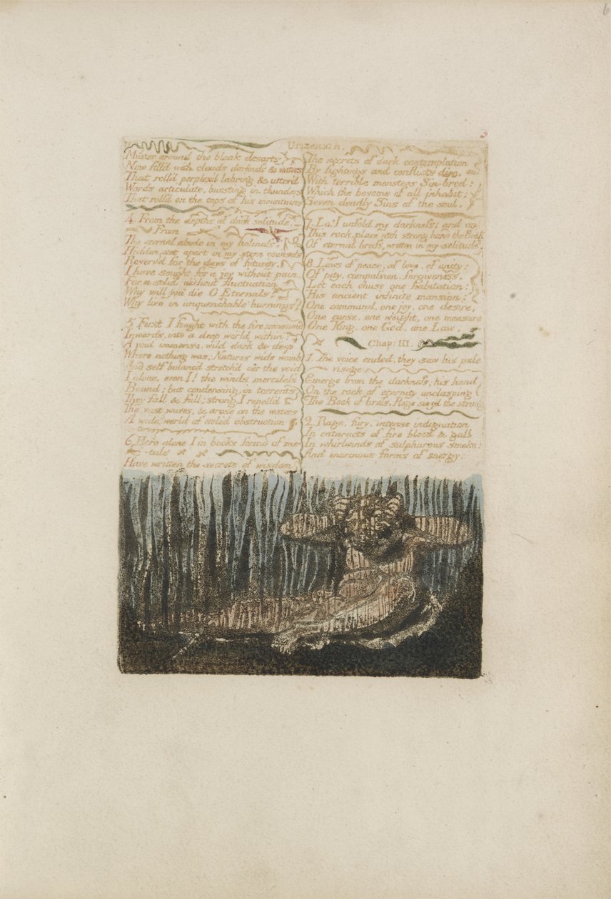 Concentre-se em torno dos desertos sombrios ..., placa 6 do Primeiro Livro de Urizen, 1794 (gravura impressa em relevo a cores com tinta e wc) de William Blake