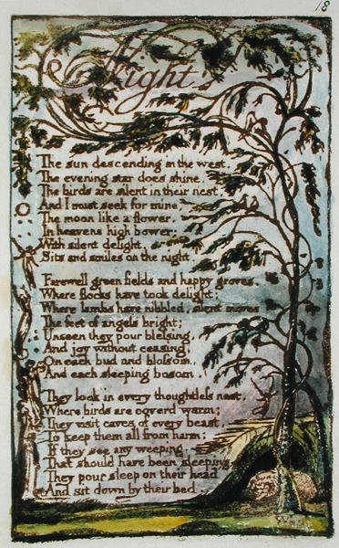 Noite, ilustração de Canções da Inocência e da Experiência (Bentley Copiar L) pl.18 (Bentley 20) 1789-94 (relevo gravura com caneta e wc no papel) de William Blake